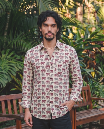 Off White With Elephant Motif  Design Printed Men’s Full Sleeves Pure Cotton Shirt
