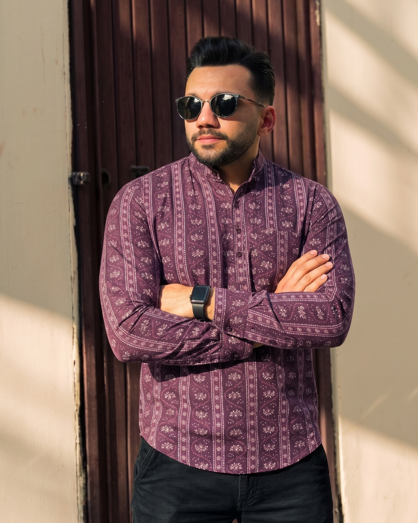 Wine Design Stripes  Printed Men’s Pure Cotton Short Kurta