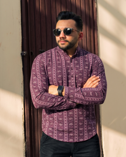 Wine Design Stripes  Printed Men’s Pure Cotton Short Kurta