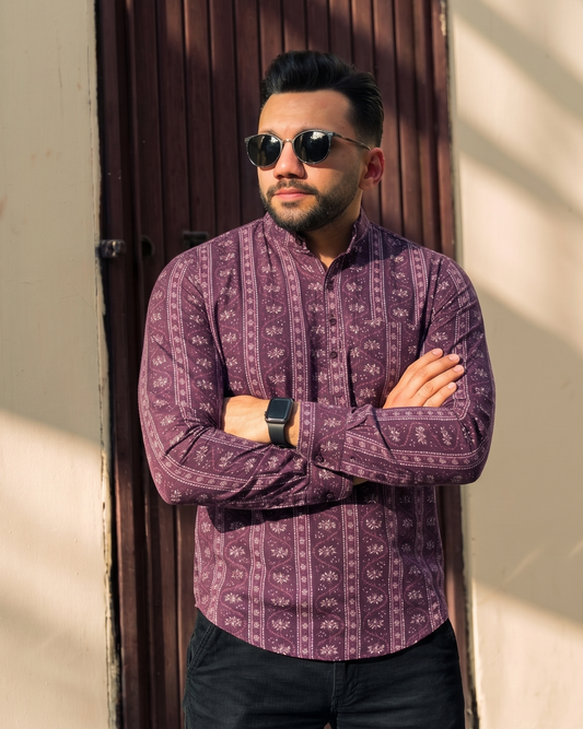 Wine Design Stripes  Printed Men’s Pure Cotton Short Kurta