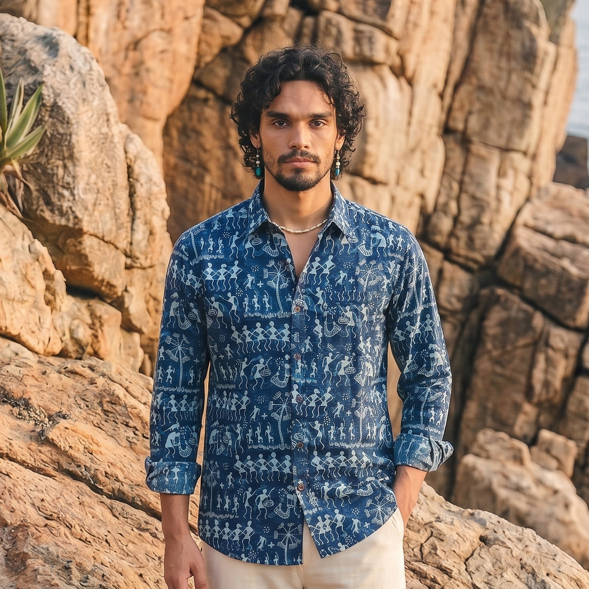Navy Blue  with Warli Art  design Printed Men’s Full Sleeves Pure Cotton Shirt
