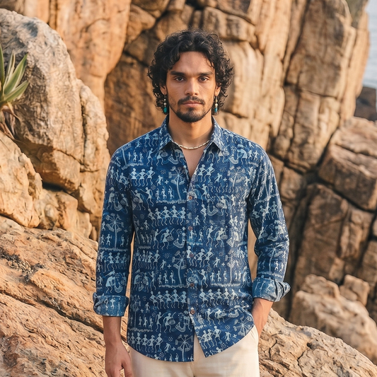 Navy Blue  with Warli Art  design Printed Men’s Full Sleeves Pure Cotton Shirt