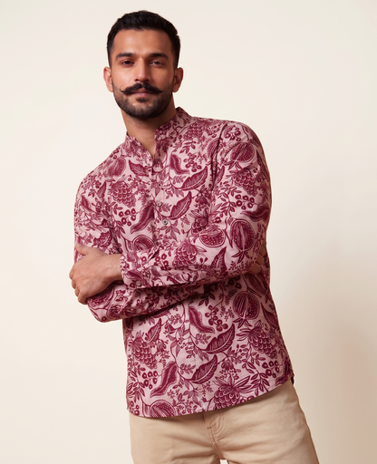 Burgandy floral design Printed Men’s Pure Cotton Short Kurta