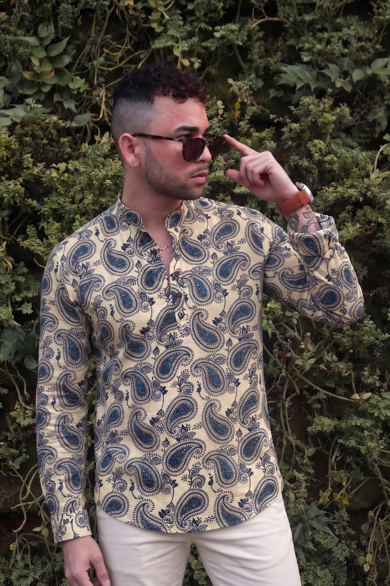 Cream With Kairi Jaal Design Printed Men’s Pure  Cotton Short Kurta