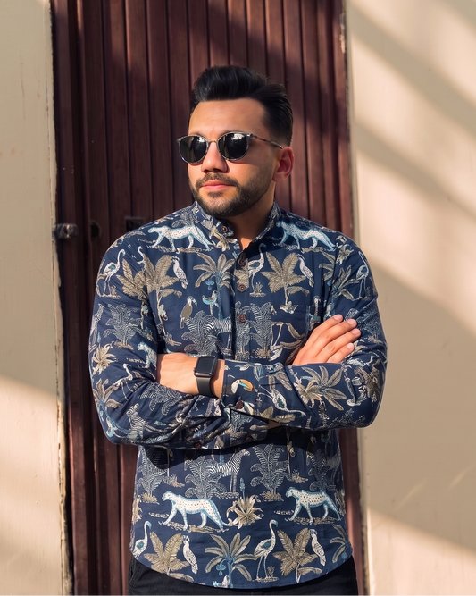 Navy Blue With wild Animal design Printed Men’s Short Kurta