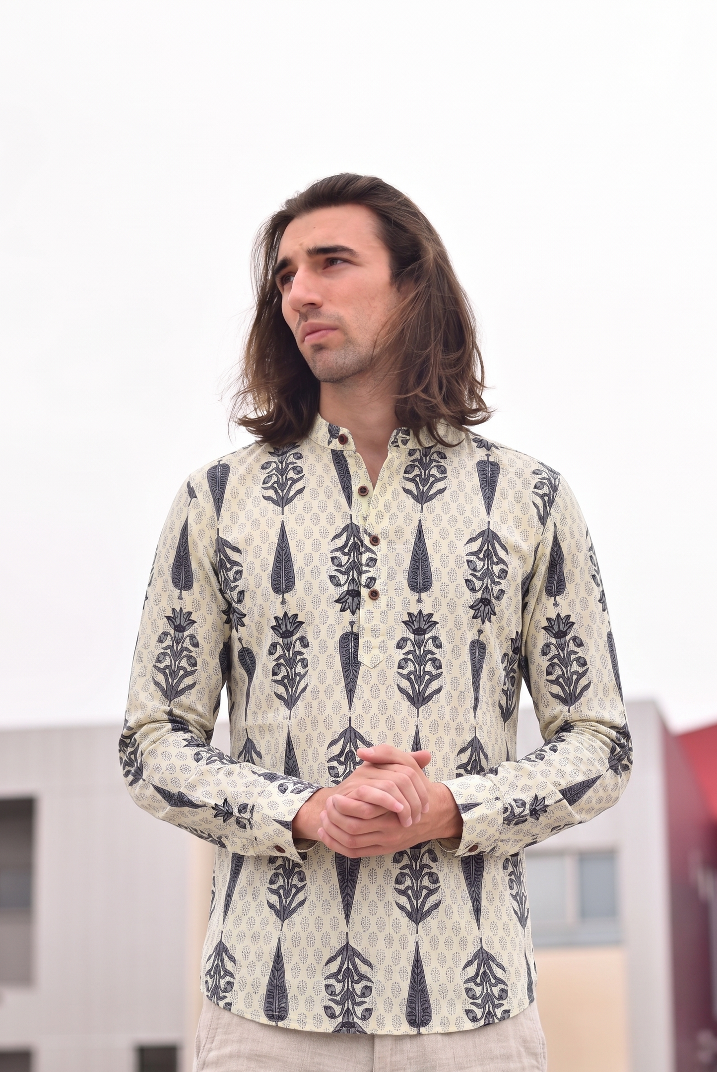 Cream With Flower Motif  design Printed Men’s Pure Cotton Short Kurta