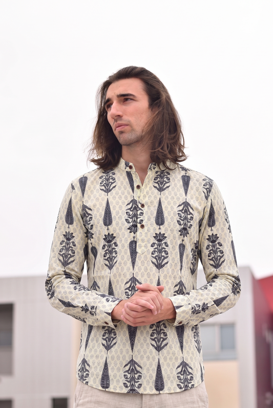 Cream With Flower Motif  design Printed Men’s Pure Cotton Short Kurta
