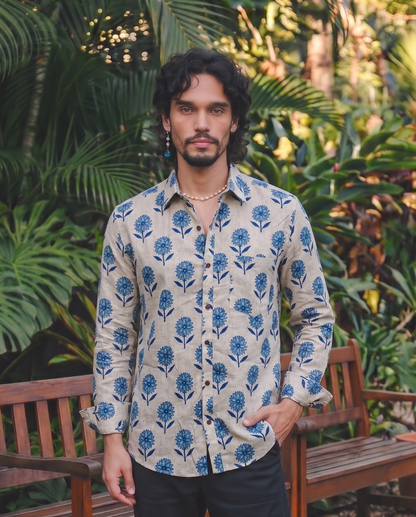 Beige With flower motif  design Printed Men’s Pure Cotton Shirt