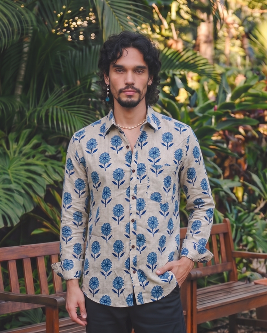 Beige With flower motif  design Printed Men’s Pure Cotton Shirt