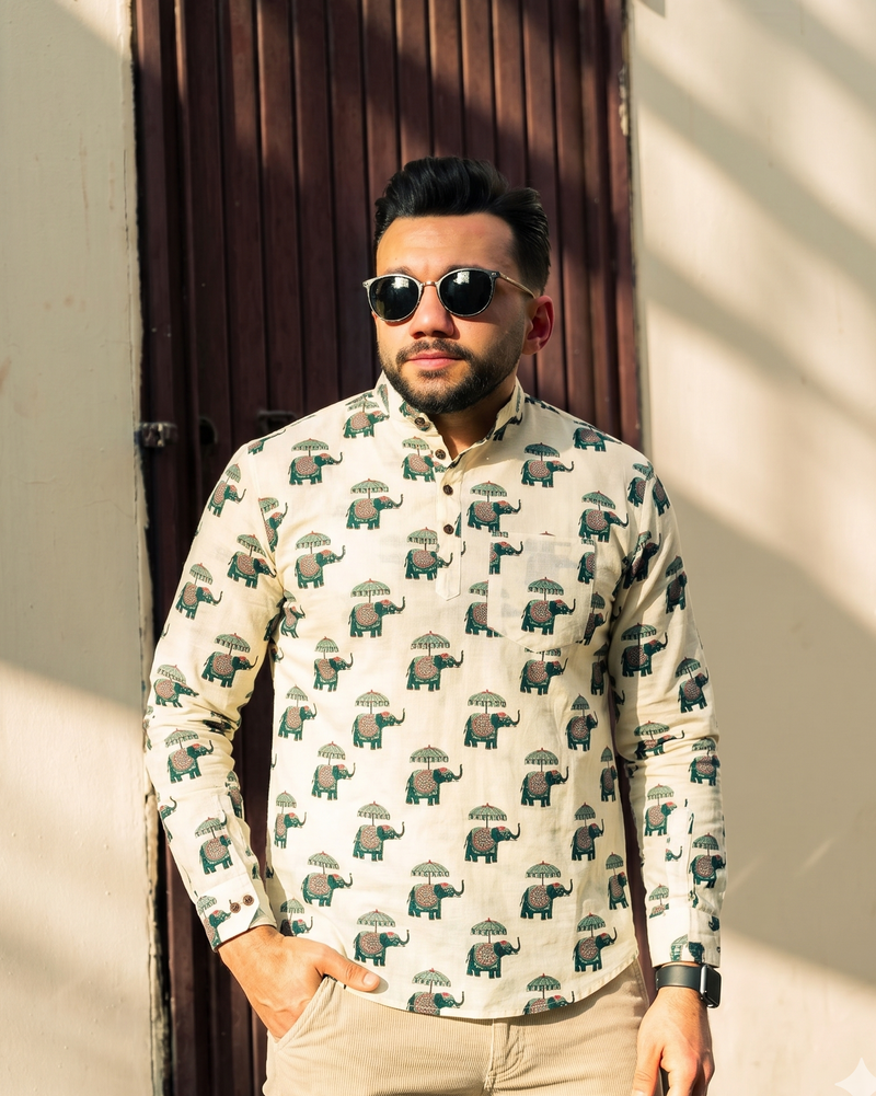Off White Elephant Motif Printed Men’s Pure Cotton Short Kurta