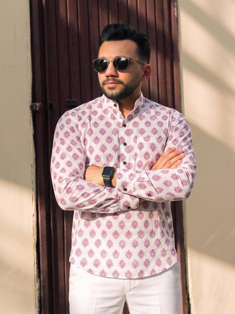 white Flower Motif  Design Printed Men’s Pure Cotton Short Kurta
