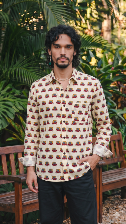 Cream With Vehicle  Motif  Design Printed Men’s Half Sleeves Pure Cotton Shirt