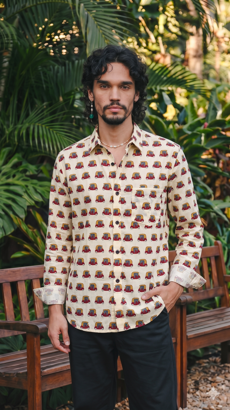 Cream With Vehicle  Motif  Design Printed Men’s Half Sleeves Pure Cotton Shirt