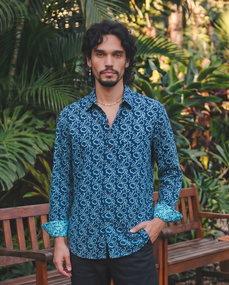 Navy Blue  With Floral  Design Printed Men’s Full Sleeves Pure Cotton Shirt