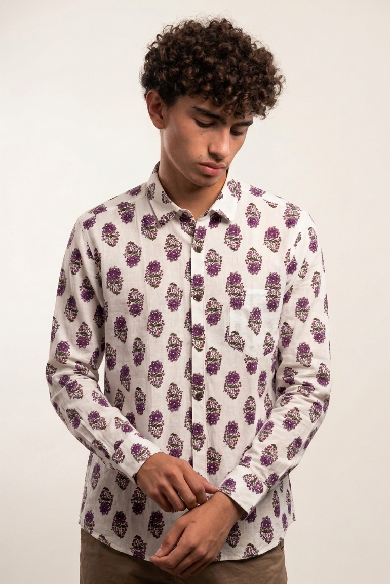 White With Flower motif  design Printed Men’s  Pure Cotton Shirt
