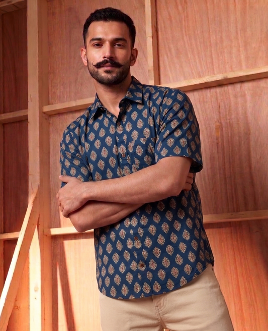 Navy Blue  with design Motif Printed Men’s Half Sleeves Pure Cotton Shirt