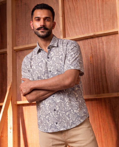 Off White With Intricate design Printed Men’s Half Sleeves Pure Cotton Shirt