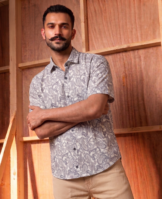 Off White With Intricate design Printed Men’s Half Sleeves Pure Cotton Shirt