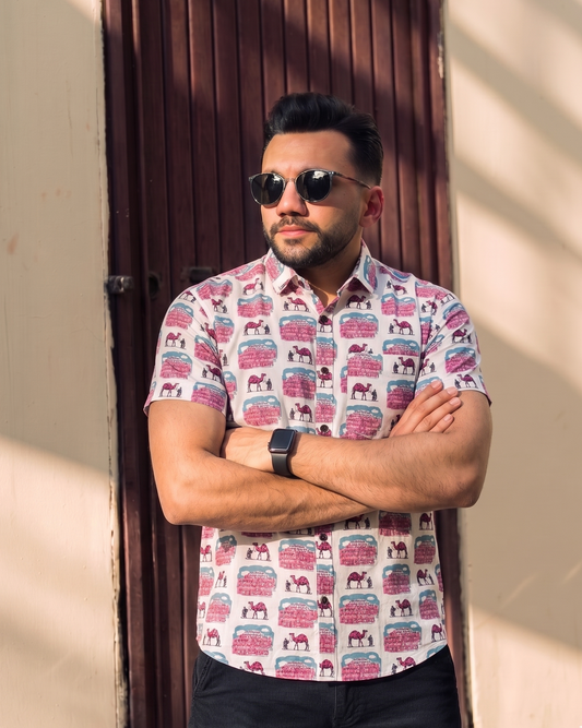 Off White  With mahal  Motif  Design Printed Men’s Half Sleeves Pure Cotton Shirt