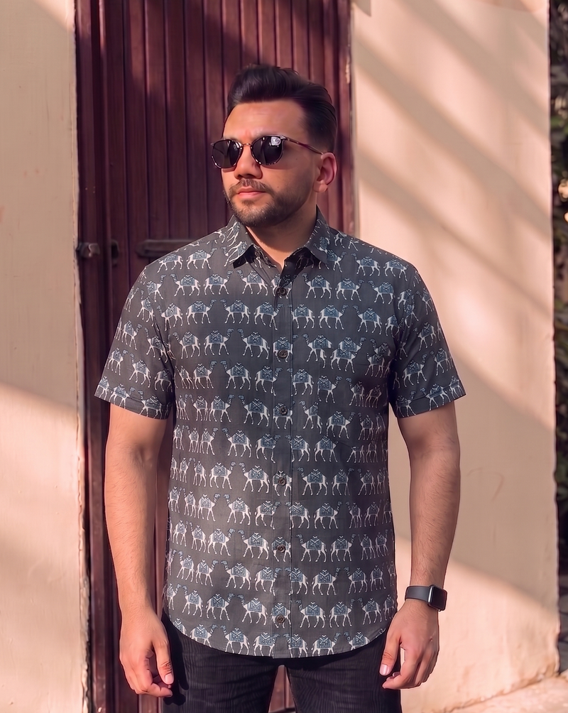 Grey with Camel Design Printed Men’s Half Sleeves Pure Cotton Shirt