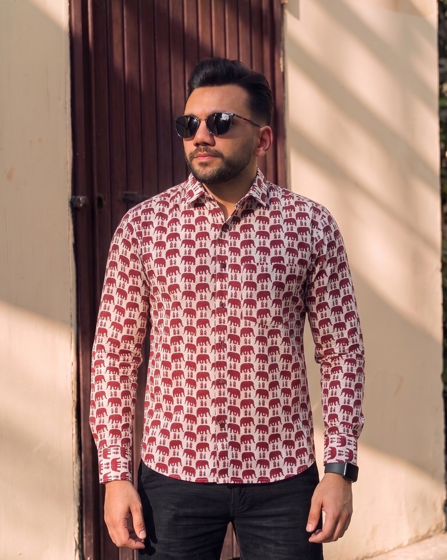 White With Tiny Elephant Motif Printed Men’s Full Sleeves Pure Cotton Shirt