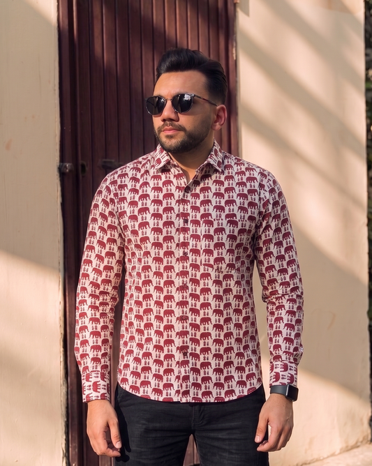 White With Tiny Elephant Motif Printed Men’s Full Sleeves Pure Cotton Shirt