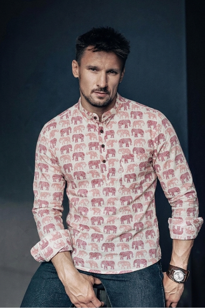 Cream With Elephant Design Printed Men’s Pure Cotton  Short Kurta