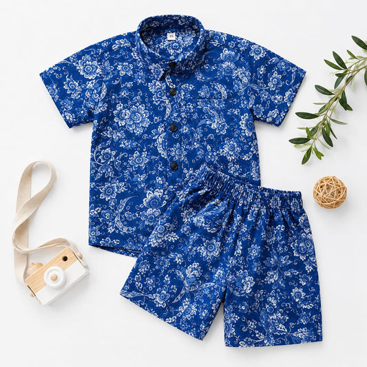 100% Pure Cotton Kids Co-ord set Royal Blue with Floral Print