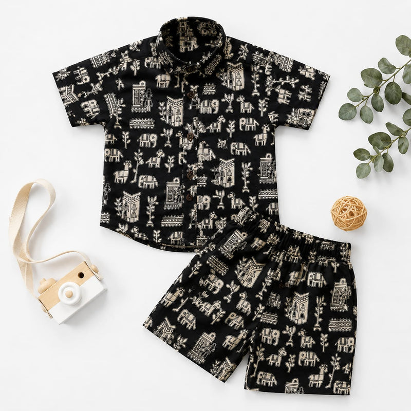 100% Pure Cotton Kids Co-ord set Black with Animal Print