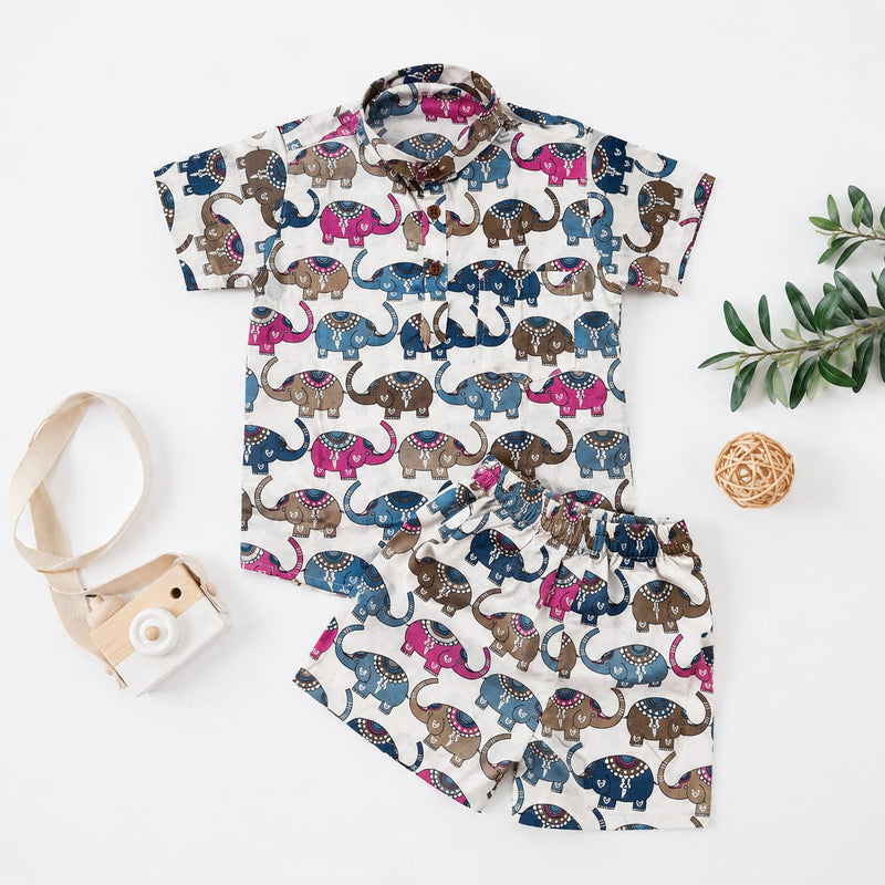 100% Pure Cotton Kids Co-ord set Off White with Animal Print