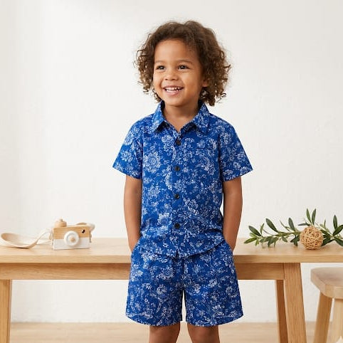 100% Pure Cotton Kids Co-ord set Royal Blue with Floral Print