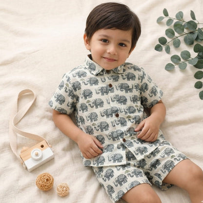 100% Pure Cotton Kids Co-ord set Off White with Green Elephant Print