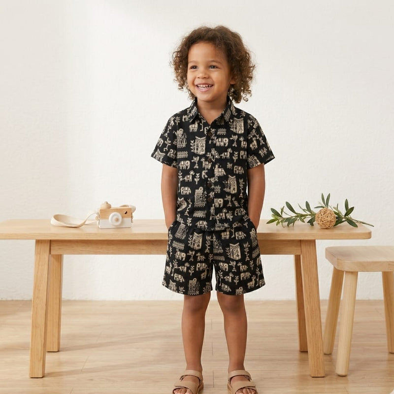 100% Pure Cotton Kids Co-ord set Black with Animal Print