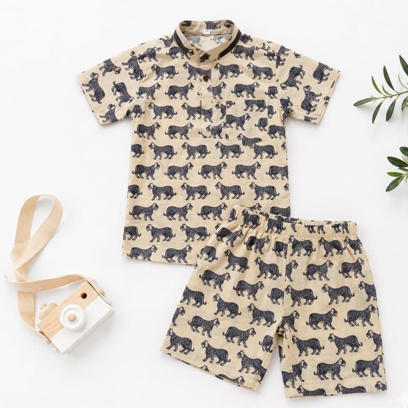 100% Pure Cotton Kids Co-ord set Cream with Animal Print