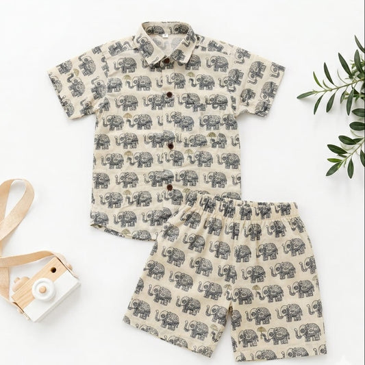 100% Pure Cotton Kids Co-ord set Off White with Green Elephant Print