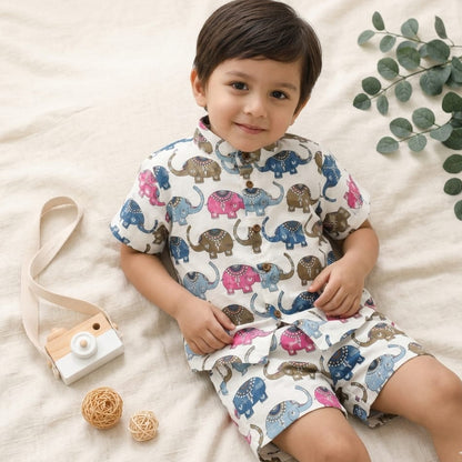 100% Pure Cotton Kids Co-ord set Off White with Animal Print