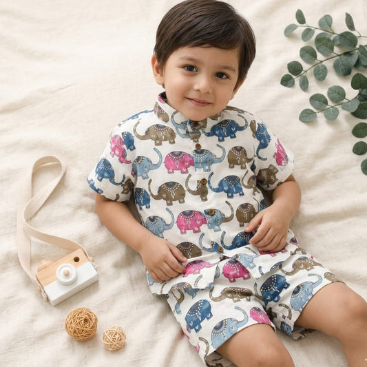 100% Pure Cotton Kids Co-ord set Off White with Animal Print