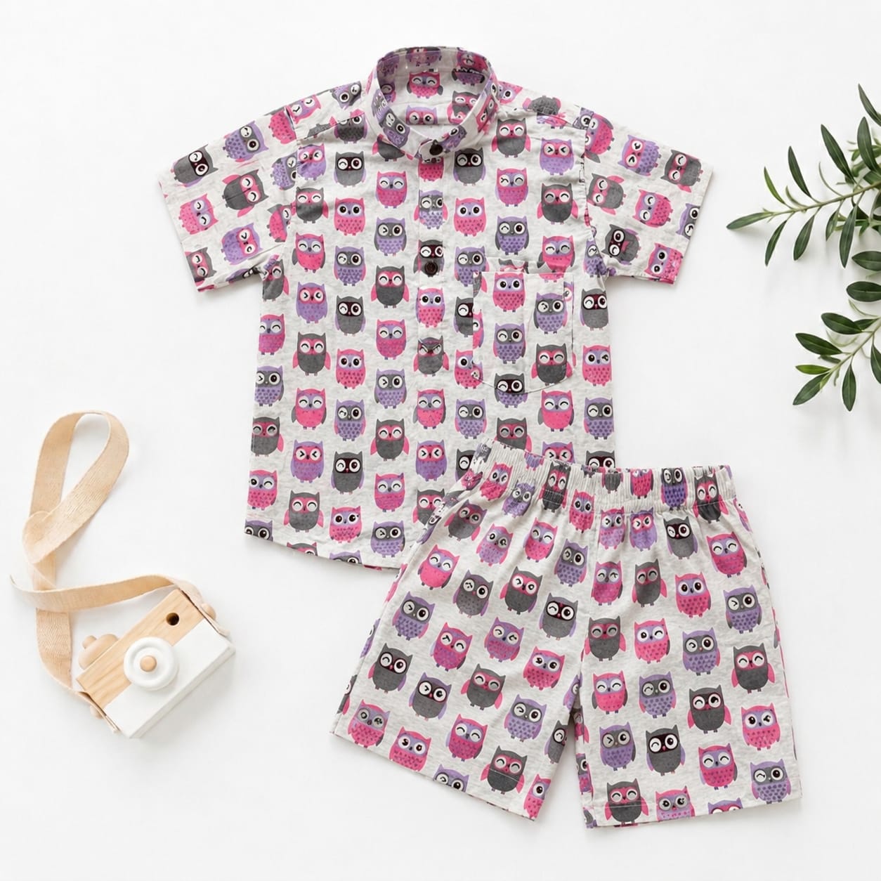 100% Pure Cotton Kids Co-ord set Off White With Owl Print